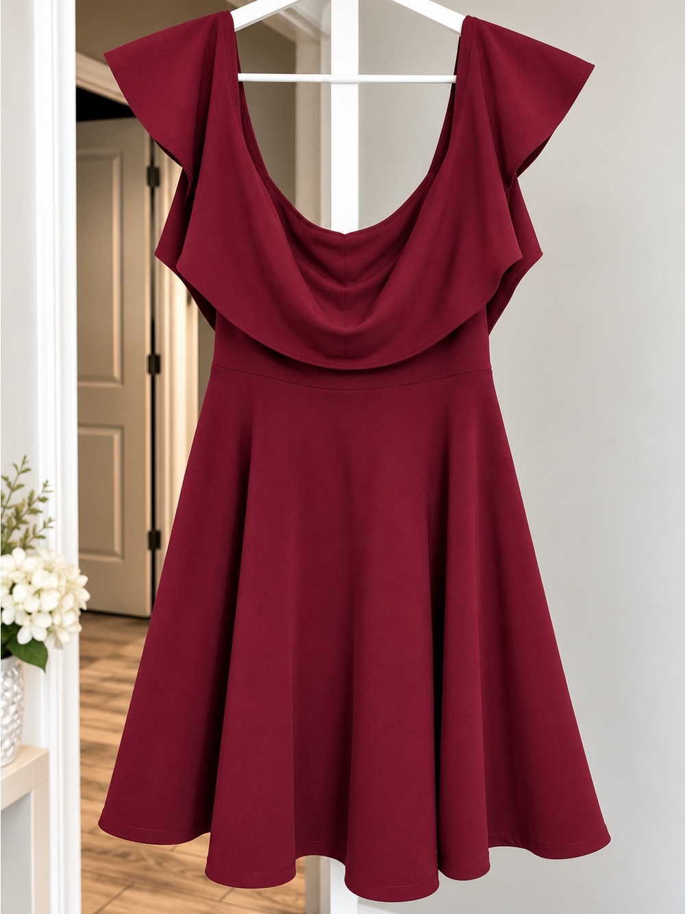 Burgundy Off Shoulder Ruffle Fit & Flare Dress Size M